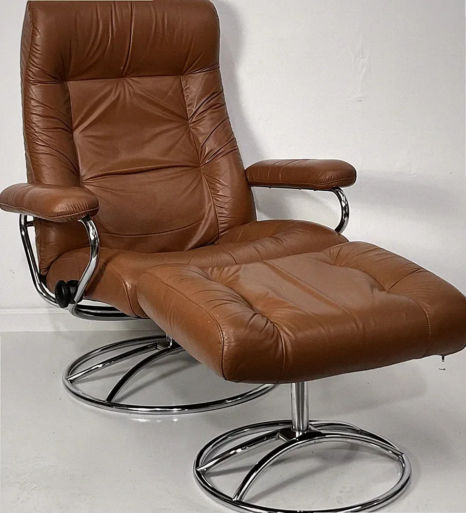 70s Vintage Mid Century Ekornes Stressless Recliner Ottoman Brown Leather Chrome