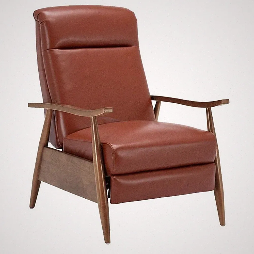 Bowery Hill Mid-Century Leather/Wood Arm Push Back Recliner in Caramel