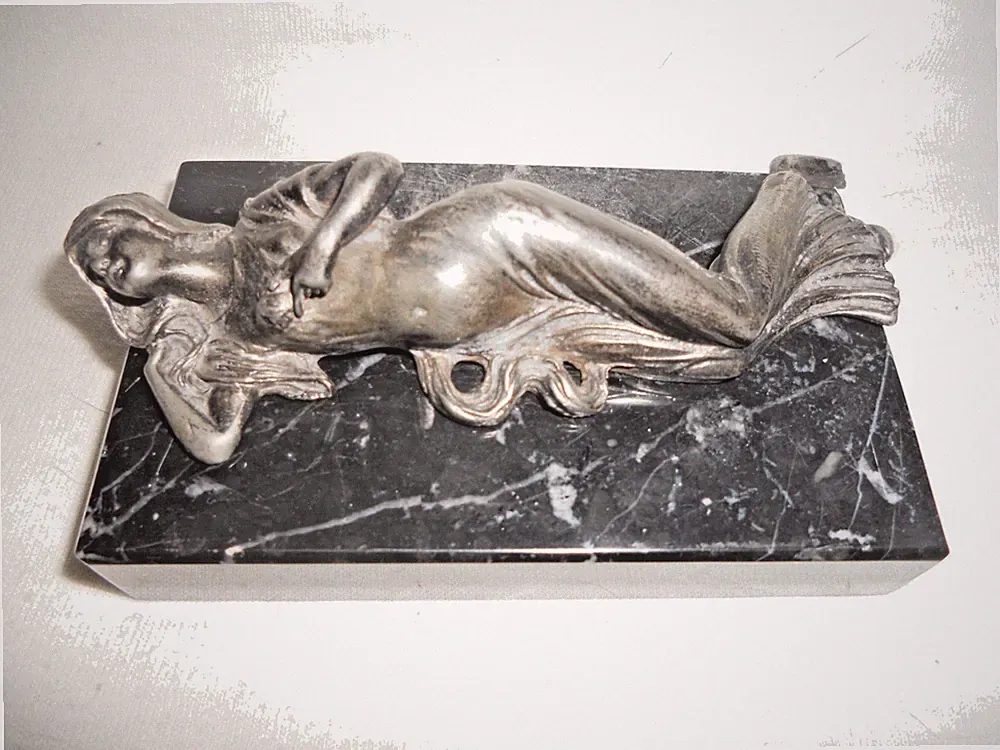 Lovely Detailed Vintage Metal Reclining Art Nouveau Woman on Black Marble Base