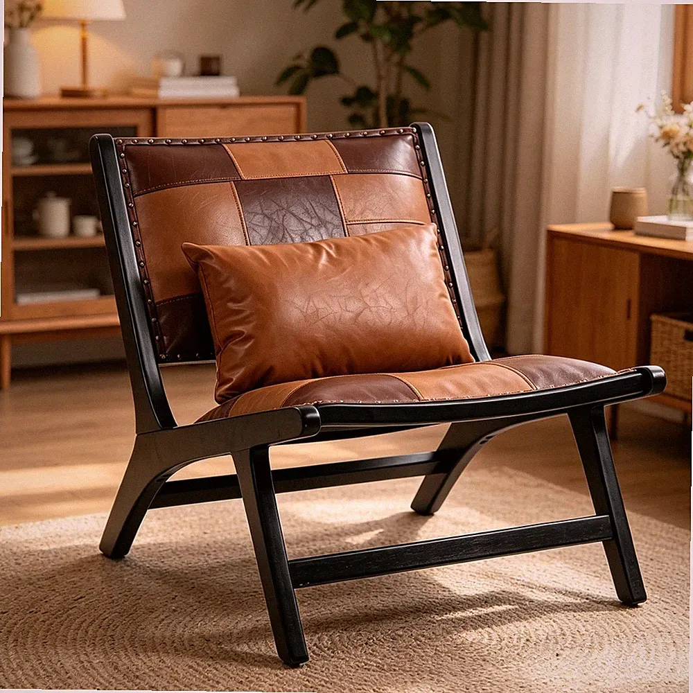 Mid-Century Accent Chair PU Leather Woven Armless Lounge Chair w/ Pillow