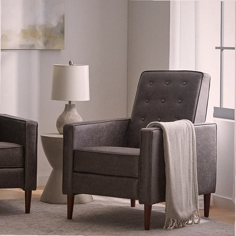 Mid-Century Modern Style Slate Recliner Chair Pushback Design W/Wooden Legs