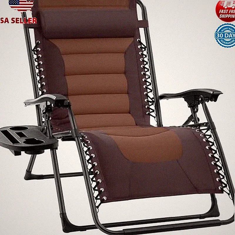 Oversized Padded Zero Gravity Chair Folding Recliner w/Headrest Cup Holder Tray