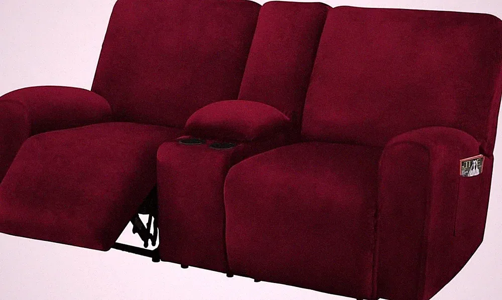 Reclining Love Seat with Middle Console Slipcover, Veet Stretch Loveseat