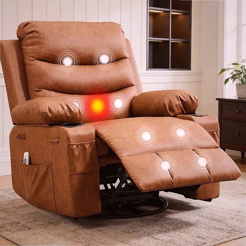 Rocker Recliner Chair with Massage and Heat, Swivel Reclining Sofa with Cup H...