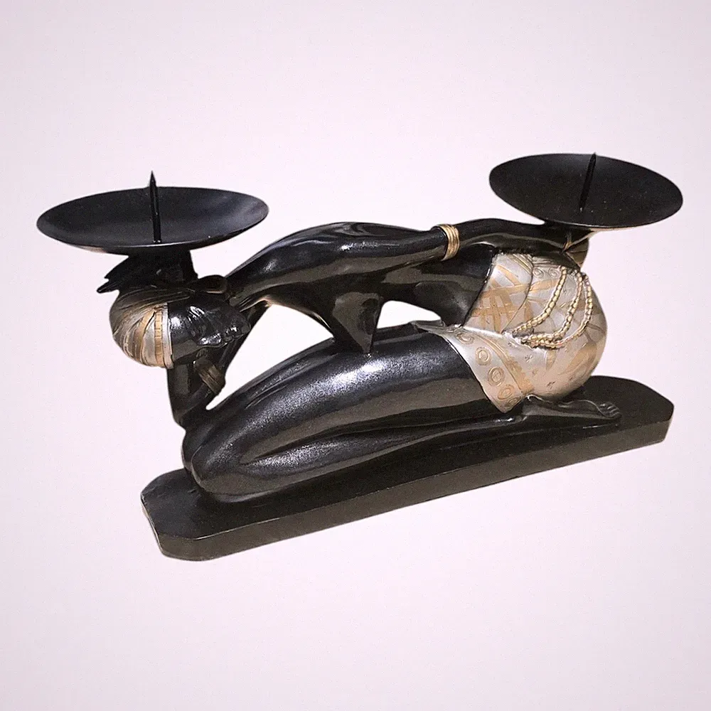 Vintage African Woman Reclining Candle Holder Art Deco Figurine Black Gold 9.5"
