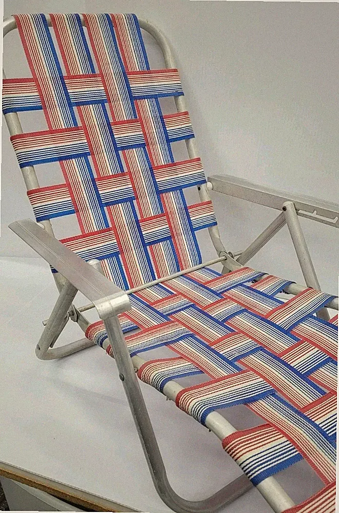 Vintage Aluminum Webbed CHILD’s Folding Lawn Chaise Lounger Chair Red White Blue