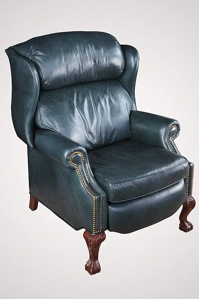 Vintage Hancock & Moore Chippendale Green Leather Wingback Recliner EZ Chair