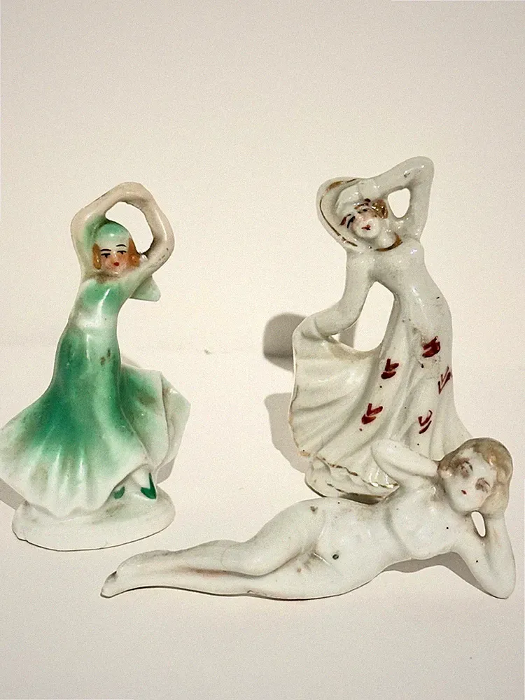 Vintage ladies small figurines, set of three, probably porcelain.