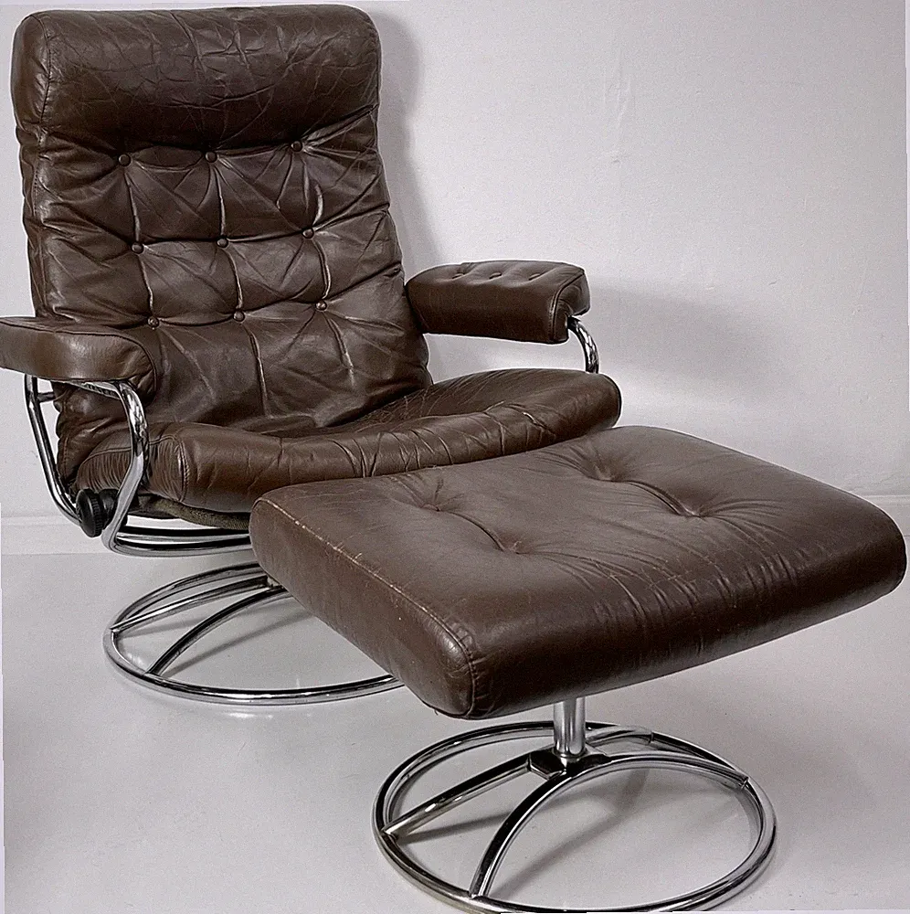 Vintage Mid Century Ekornes Stressless Recliner Ottoman Brown Leather on Chrome