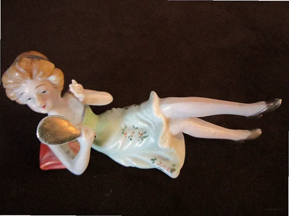 Vintage porcelain reclining Female Small Figurine holding a mirror 4.5"W 1950's