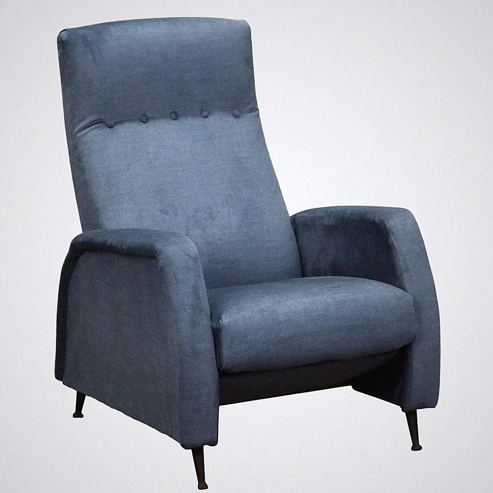 Vintage Reclining Armchair Blue Fabric Wood Design Italy 1960s Original