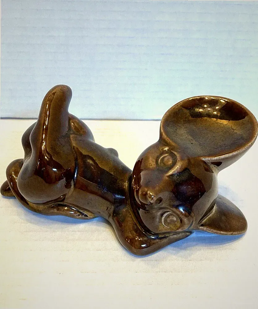Vintage Shiny Brown Mouse Figurine 6" Reclining Rodent Handmade Ceramic Signed