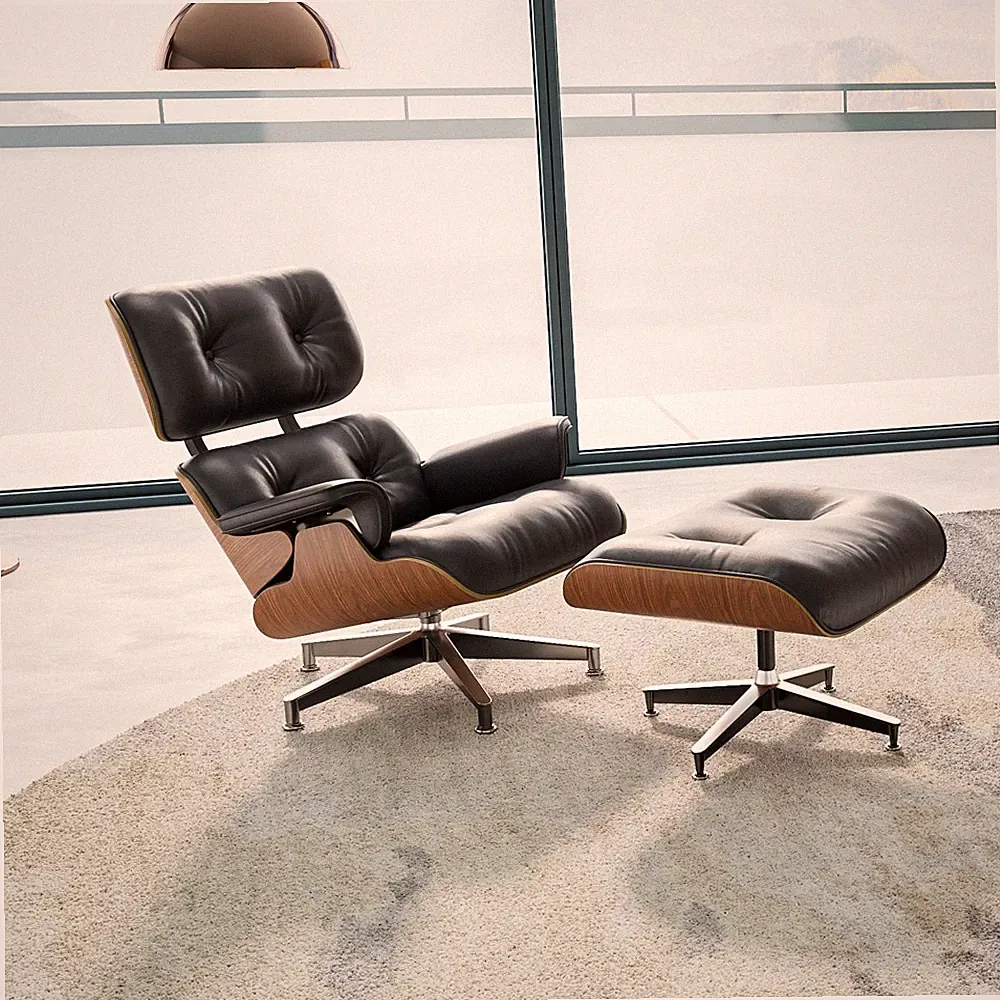Vintage Tall Eames Lounge Chair and Ottoman Swivel Armchair Real Leather Walnut