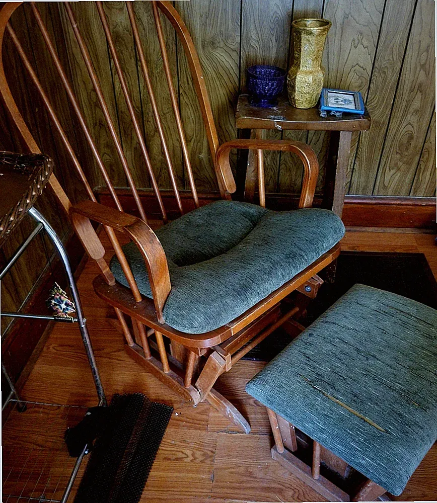 Vintage Wooden Glider Chair & Ottoman Set, Upholstered, Green/Brown, Fabric