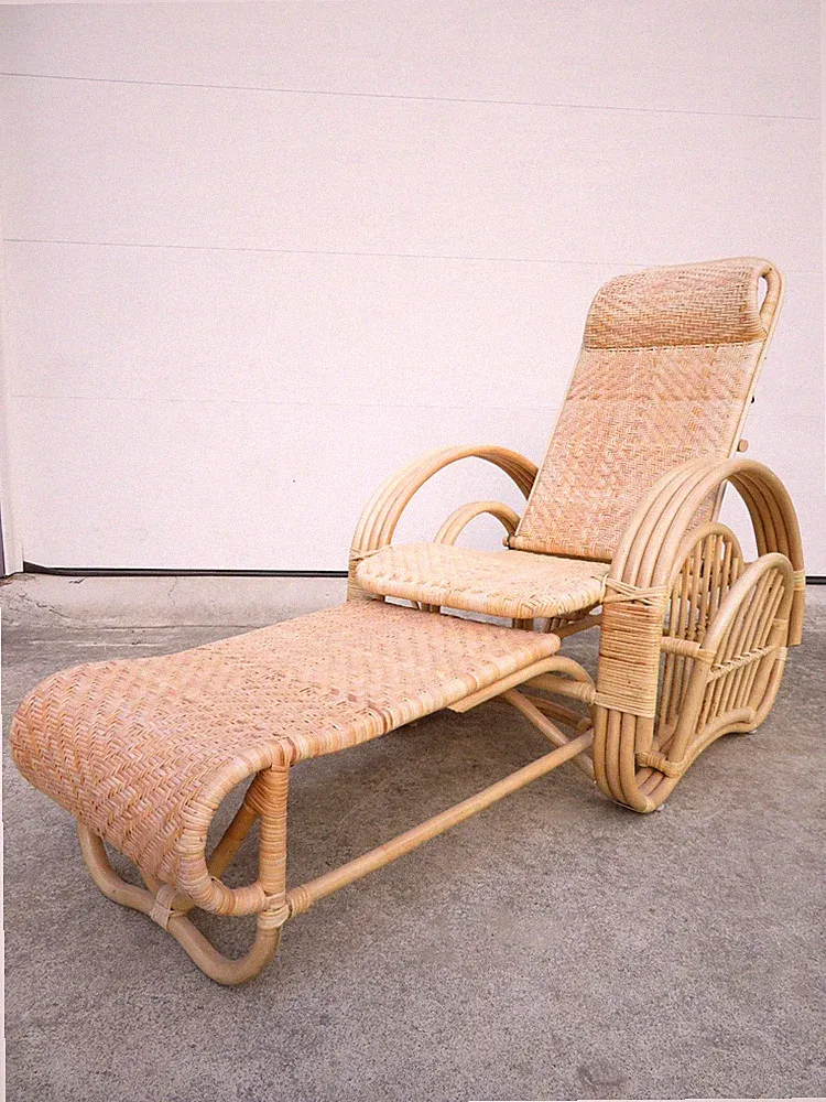 Vtg RATTAN & WICKER CHAISE LOUNGE CHAIR Recliner W/ FOOTSTOOL Boho COASTAL mcm